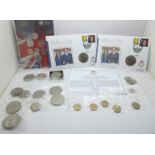 Coins; The Royal Mint 2009, two Royal Wedding commemorative coin covers, a £5 coin and other coins