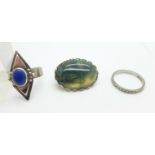 A moss agate scalloped edge brooch in silver, a silver and marcasite ring, L and a silver and