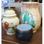 A Moorcroft lidded pot, a Radford vase, a Jersey pottery dish, etc.