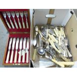 A cased set of fish knives and forks with silver ferrules and other plated cutlery, etc.