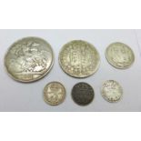 A Victorian 1890 crown and five other Victorian silver coins, 50.5g