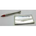 A silver pencil holder and a silver card case, 65g