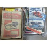 Two boxes of assorted publications including 1940's Practical Engineering, DIY and Mechanix