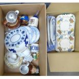 Two boxes of mixed decorative china including a Victorian mug 'Longest Reign of a Monarch',