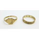 Two 9ct gold rings, 3.4g, L and O