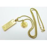 A 9ct gold ingot pendant, on a chain with St. Christopher, ingot 30.5g