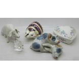 Two Royal Copenhagen pig figures, a Royal Crown Derby hedgehog paperweight, a Wedgwood dish and a