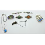 Silver jewellery including Arts and Crafts brooches