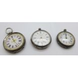 Three silver fob watches, two with 'fancy' dials, a/f