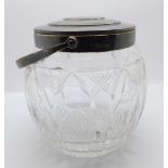 A silver topped glass lidded biscuit barrel, Hukin & Heath, Birmingham 1937, a/f (lid lacking knob)