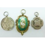 Three silver fobs including Norwich Lads Football League 1923/24, 34g