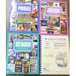 A Wurlitzer Phonograph Service Manual, Model 2200 of 1958, and three books, Pinball, Slot Machines