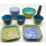 A collection of cloisonne including a cane handle top, (square dishes a/f)