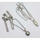 Two silver pendants and chains, one set with opal and other gemstones
