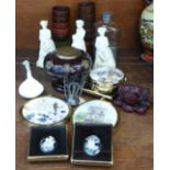 Bakelite egg cups, an inkwell, a hip flask, an Art Nouveau stand, a resin frog, an oriental tea