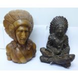 Two figures of Native Americans, one carved in wood, 32cm