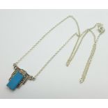 An Art Deco silver and marcasite necklace set with blue hardstone