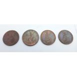 Four half pennies, 1799, 1807, 1853 and 1859