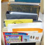 A box of ephemera containing a vintage postcard album, an Atlas, photographs and other ephemera