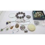 A pair of silver earrings, costume jewellery and polished stones