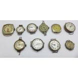 Wristwatches, a/f, some with silver cases