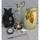 A Clarice Cliff vase, a/f, a Dartmouth fish vase, a claret jug, etc. **PLEASE NOTE THIS LOT IS NOT