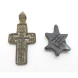 A bronze Viking cross and one other wooden find, (both found in Russia, same location and time)