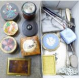 A collection of compacts, button hooks, trinket pots, etc.