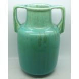 A Ruskin two handled art pottery vase, pale green crystalline glaze, c.1930, marked Ruskin England