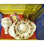 A Royal Crown Derby wavy edge plate, a/f, Colclough cups, Staffordshire posy vase, etc.