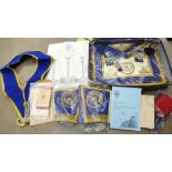 A collection of Masonic regalia including two silver medals