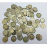 Approximately 80 pre 1947 three pence coins, 111.4g