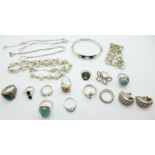 Silver rings, a silver and pearl necklace, earrings, white metal bangle, etc.