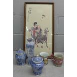 A collection of oriental china and an oriental framed print **PLEASE NOTE THIS LOT IS NOT ELIGIBLE