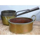 Two copper and brass saucepans and one other pan