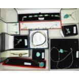 A collection of silver jewellery including turquoise