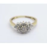 A 9ct gold and diamond cluster ring, 1.8g, K