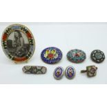 A collection of micro mosaics, (5) brooches and earrings and a frame