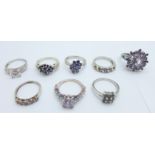 Eight silver and gem set rings