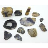 Eleven Blue John mineral samples and a mineral slice, possibly Blue John, largest 172g,