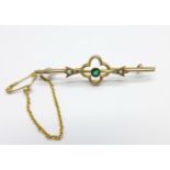 A 9ct gold, seed pearl and green stone brooch, 2g