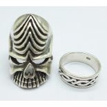 A 925 silver 'skull' ring and one other silver ring, Z and U