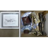 Assorted plates, brassware, doorstop, framed print, reproduction miniature pistols **PLEASE NOTE