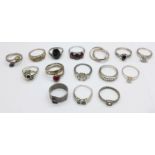 Fifteen silver rings including one late Victorian buckle ring