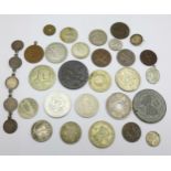 Coins, etc., including a 1797 cartwheel penny, 1915 British West Africa penny, two JFK half