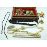 Vintage costume jewellery; coral necklaces, pique brooch, etc.