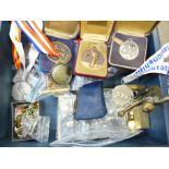 A collection of cufflinks, (one pair silver) tie pins, postcards, a bowling table lighter,