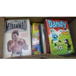 A box of children's books and annuals including The Dandy, The Beano, The Wonder Book of Soldiers