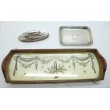 A small silver tray, Birmingham 1922, 49g, a silver nail buff, Birmingham 1911 and an embroidered