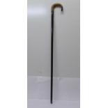An ebonised walking stick with horn handle and silver embellishments